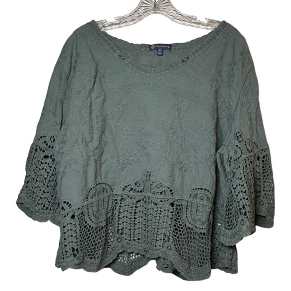 Democracy Women's Sage Green Boho Crochet Tunic Cotton Blouse XL